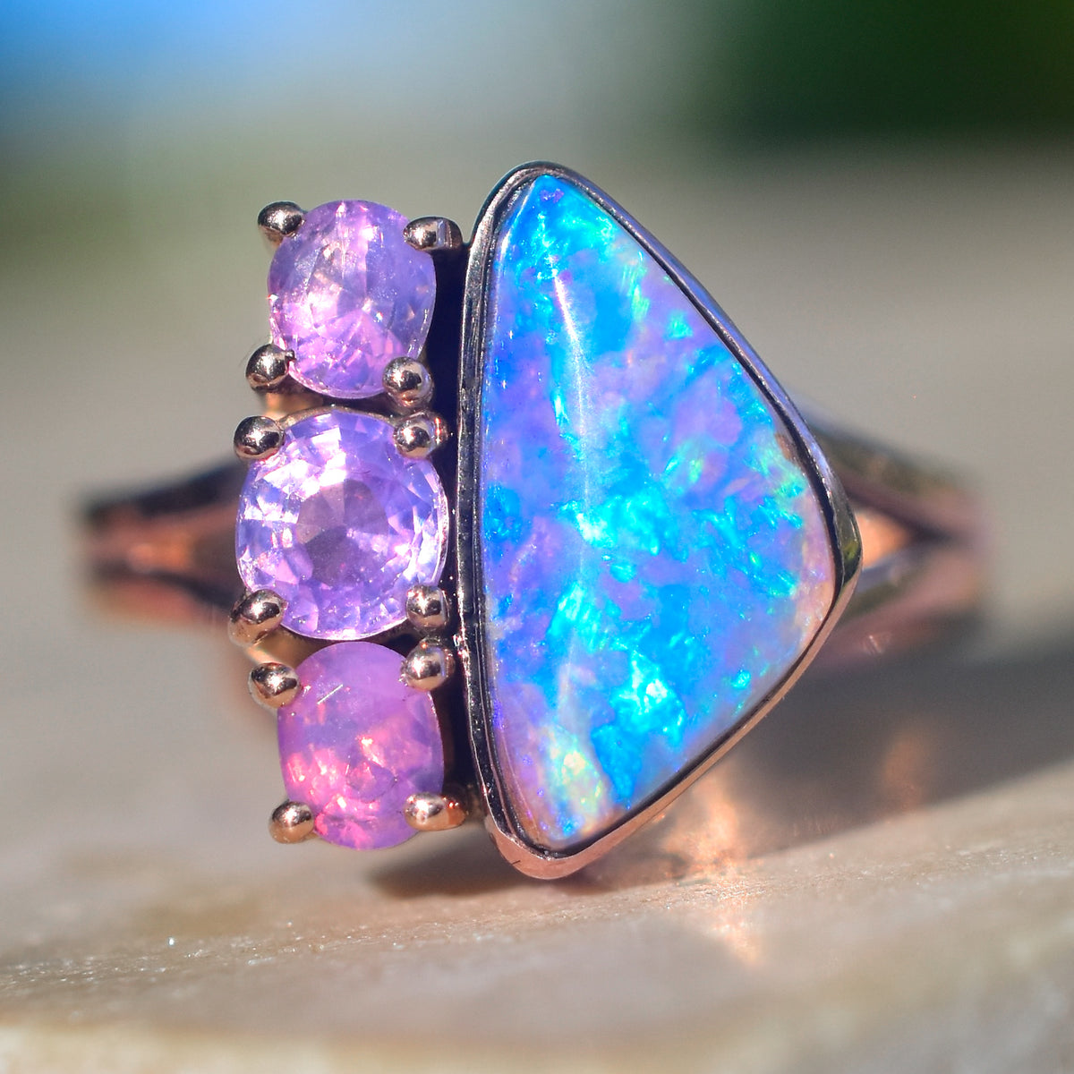 Purple Opal Ring Fiery Blue/Purple Australian Opal With Emerald