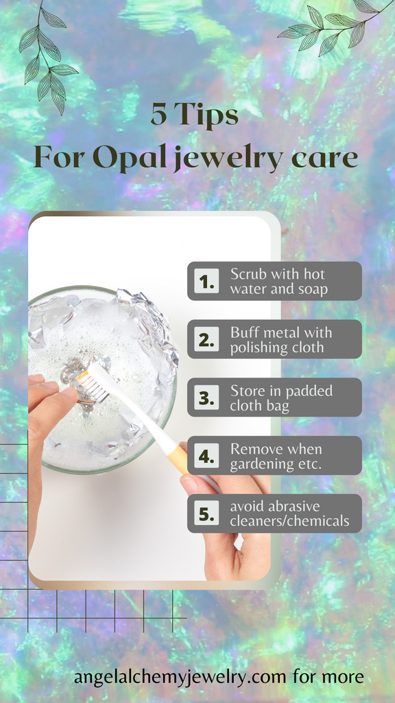 infographic for 5 tips for opal jewelry care, how to care for opal ring 