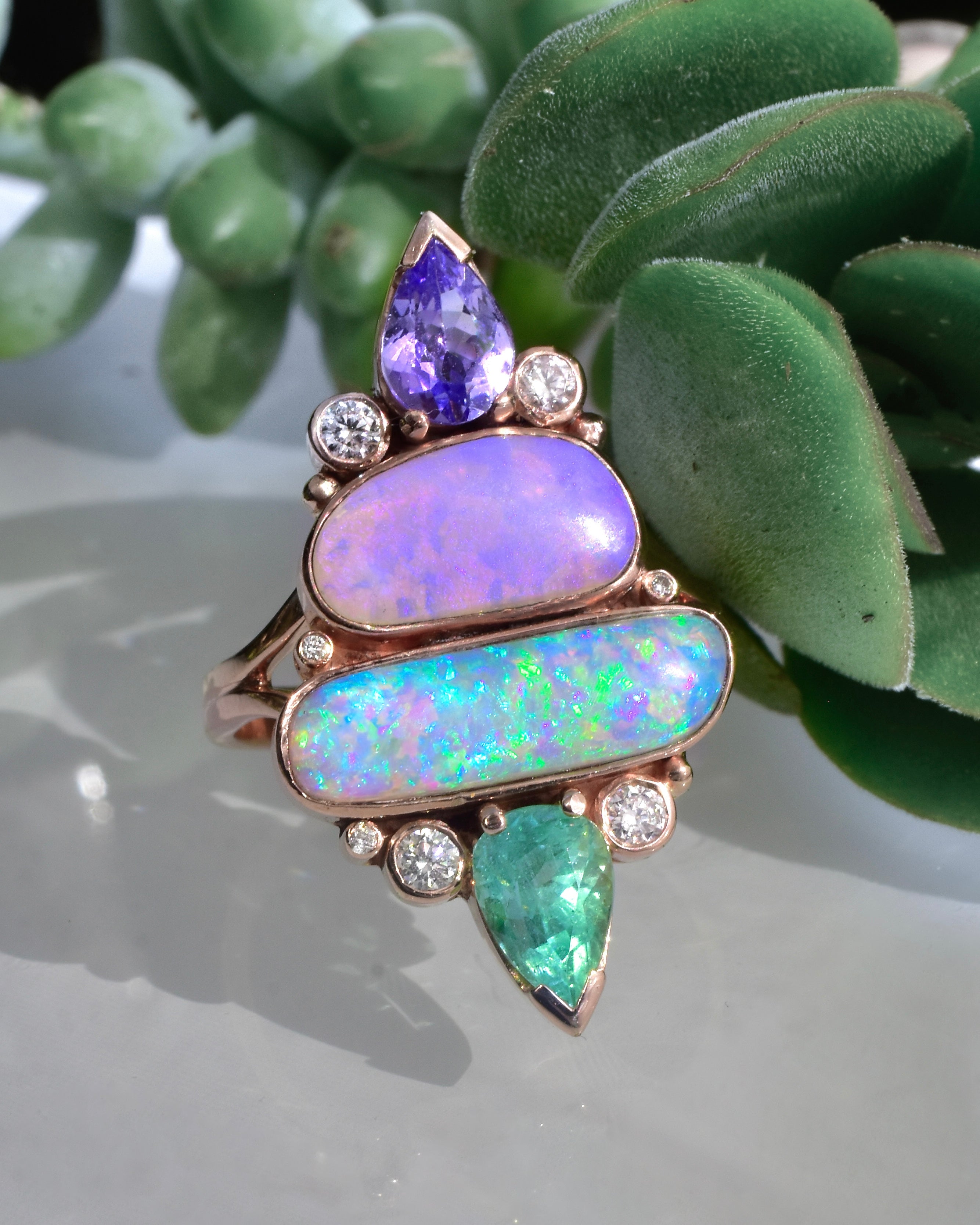 Double Australian Opal Ring with Tanzanite and Mint Tourmaline