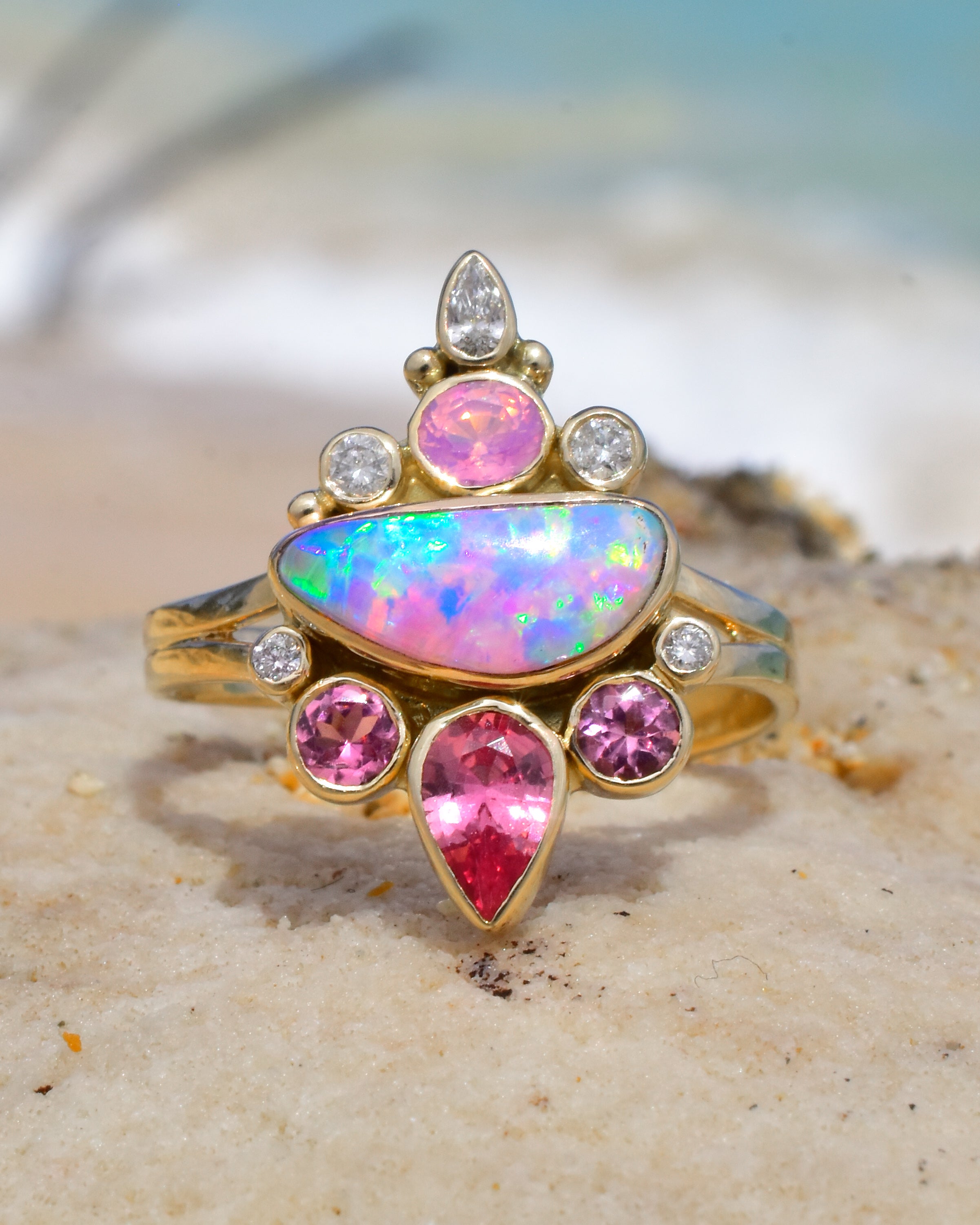 Fiery Pink/Rainbow Australian Opal Misty Rose Temple Ring with