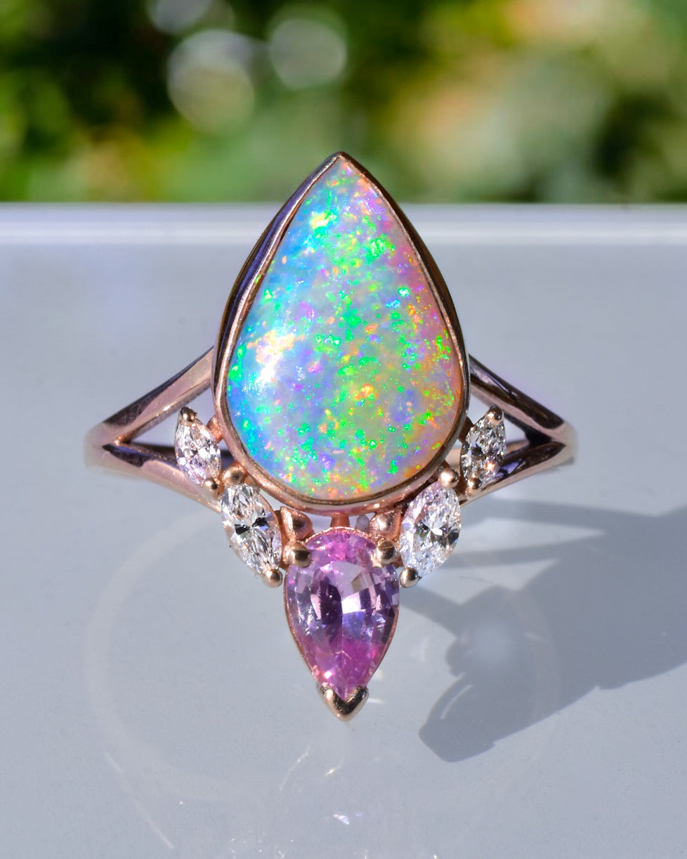 Amazing Fiery Australian Opal Lotus Bud Ring, Fuchsia Sapphire, Diamonds, Solid 14k Rose Gold