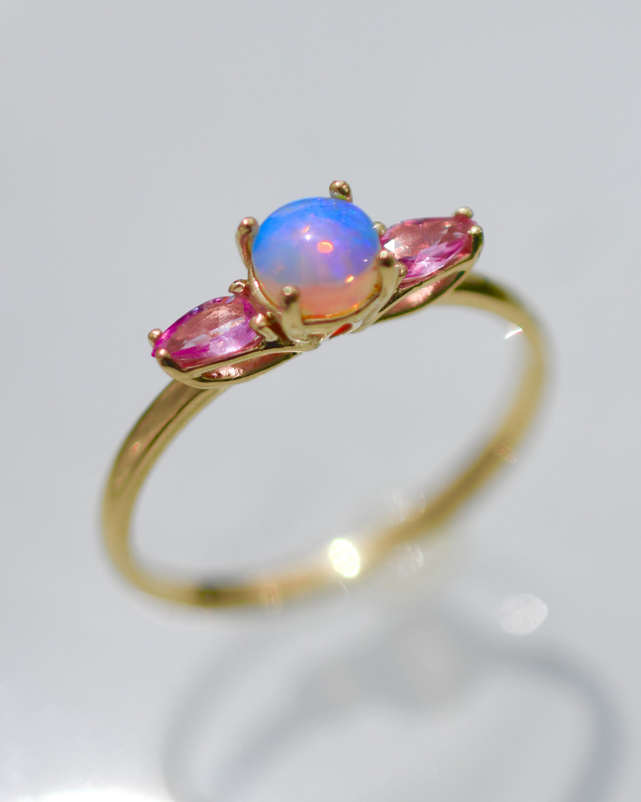 Lotus Silhouette ring with pink sapphires and Opal in 14k Yellow
