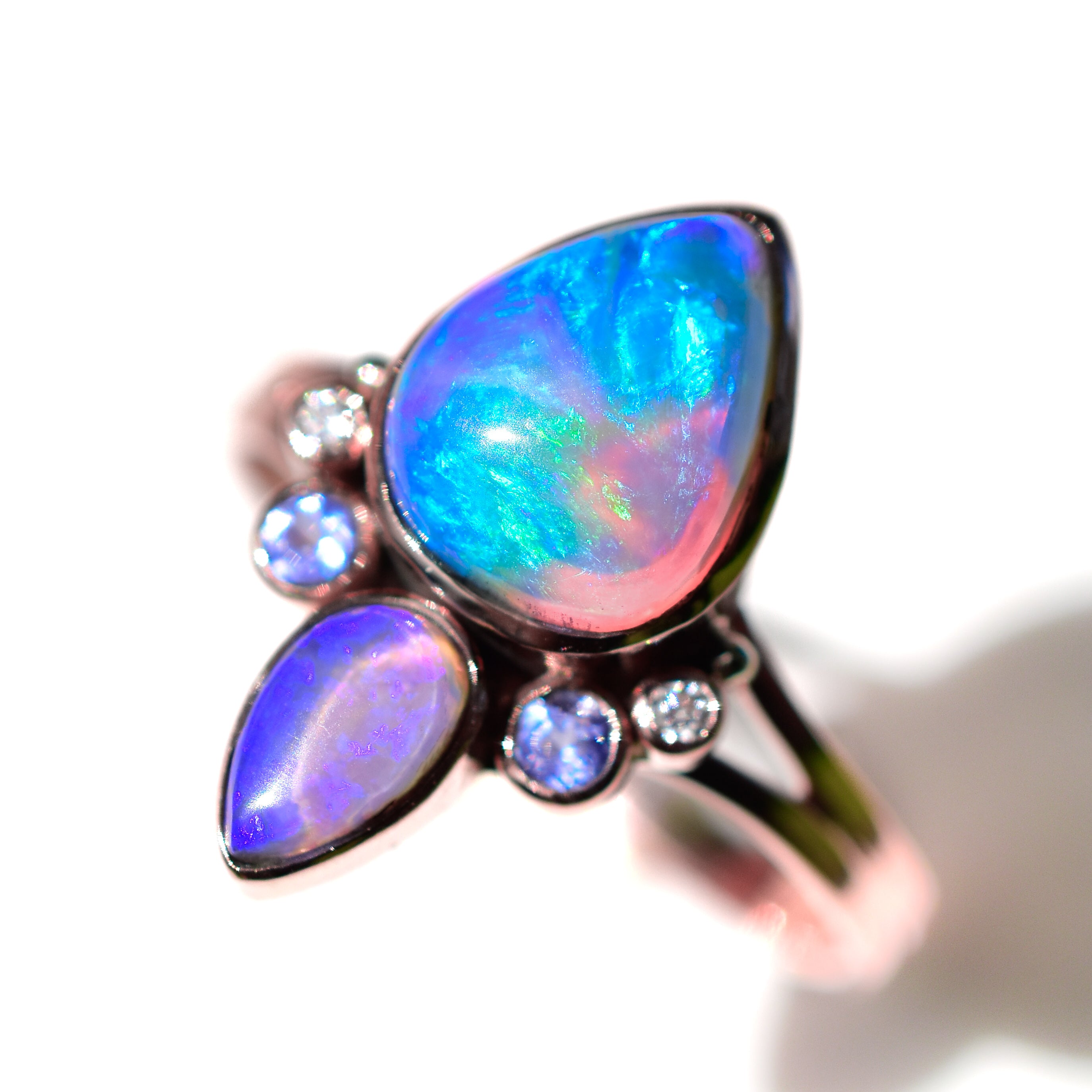 Double Opal Lotus Bud Ring with High Dome and Purple Australian