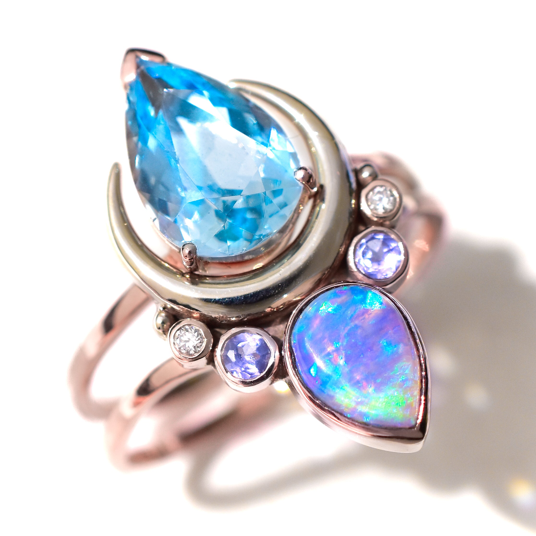 Aquamarine and Opal Interlocking Moonflower Ring Set With Tanzanite and Diamonds in Rose Gold with a White Gold Moon
