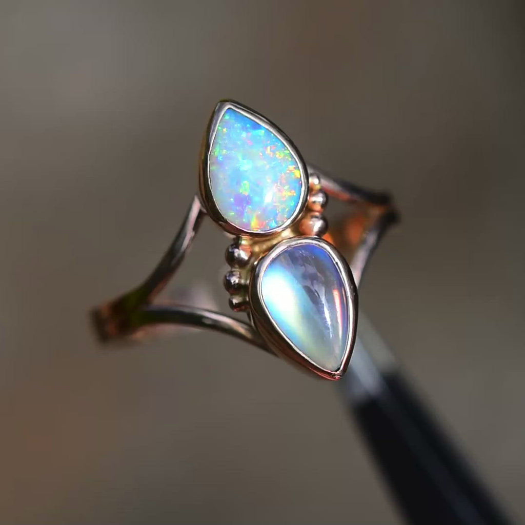 Australian Opal and Rainbow Moonstone Ring