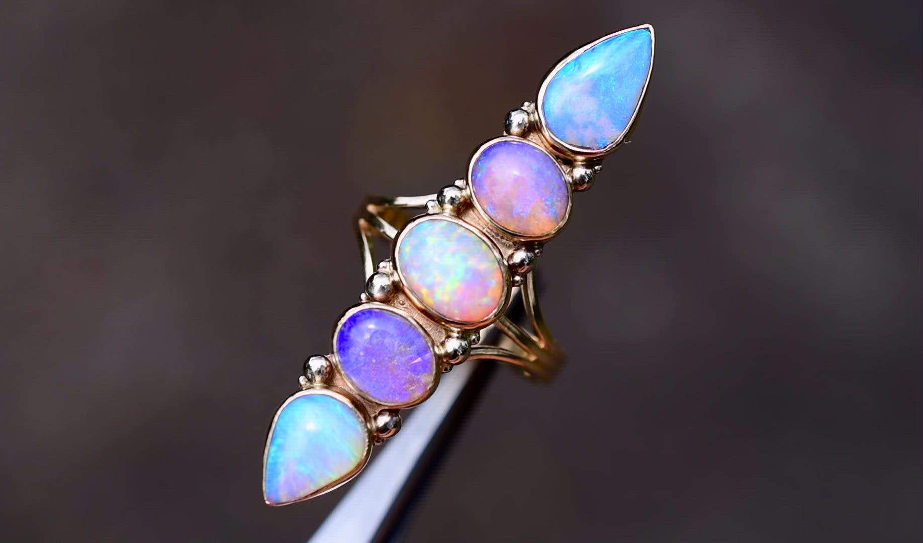 Australian opal five stone unicorn talisman ring in solid 14k yellow gold with white gold dots