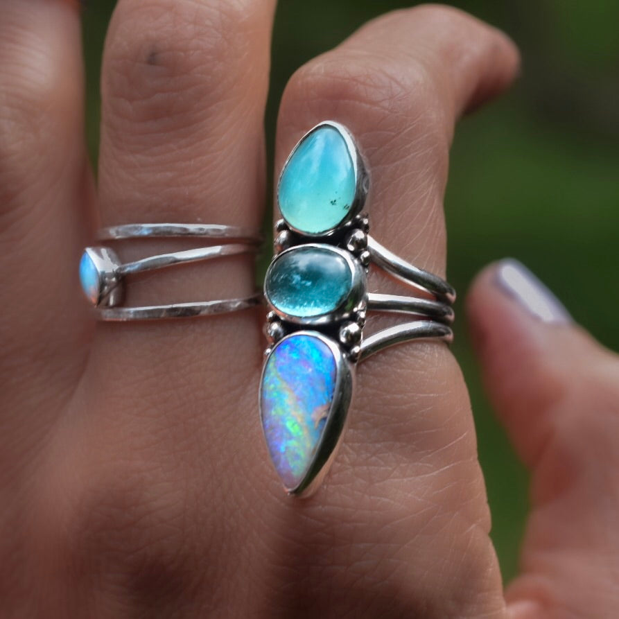 Australian Opal Ring with Apatite and Peruvian Opal - Angel Alchemy Jewelry