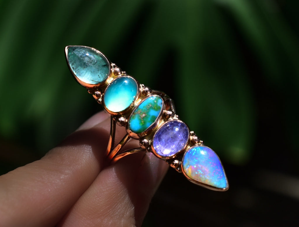 Australian opal tanzanite Sonoran gold turquoise tourmaline and Peruvian opal in solid 14k rose gold with gold details semi custom reserved - Angel Alchemy Jewelry
