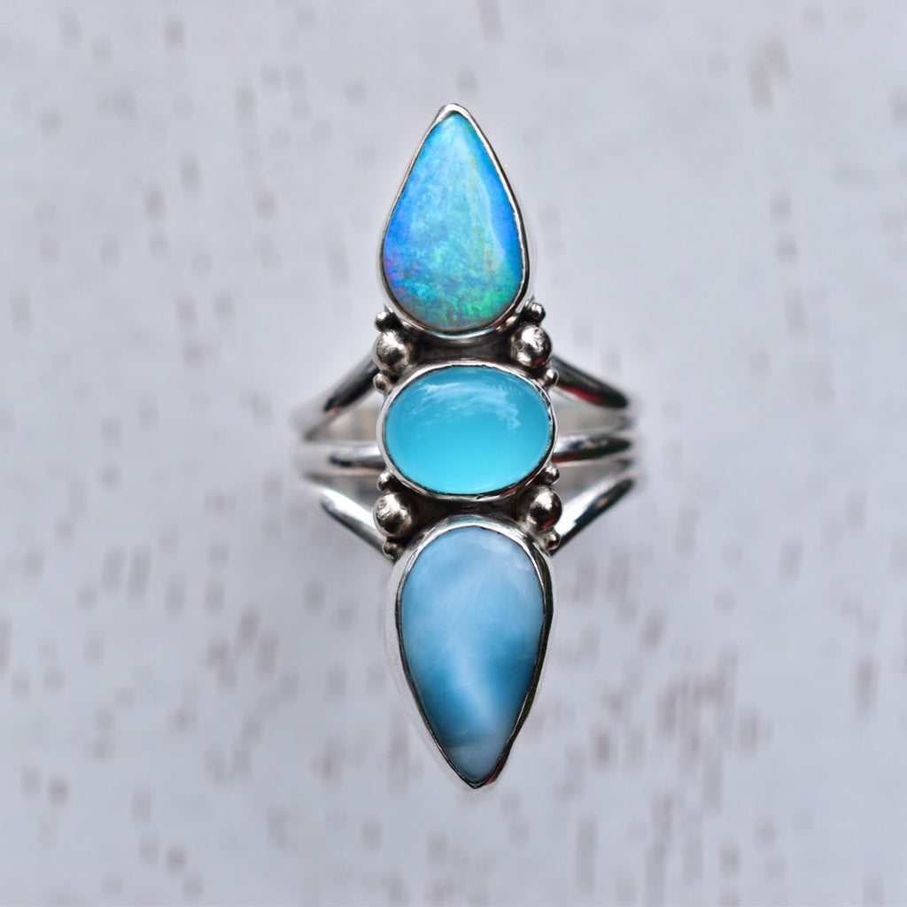 Australian Opal Ring with Larimar and Aqua Chalcedony in silver with white gold dots reserved - Angel Alchemy Jewelry