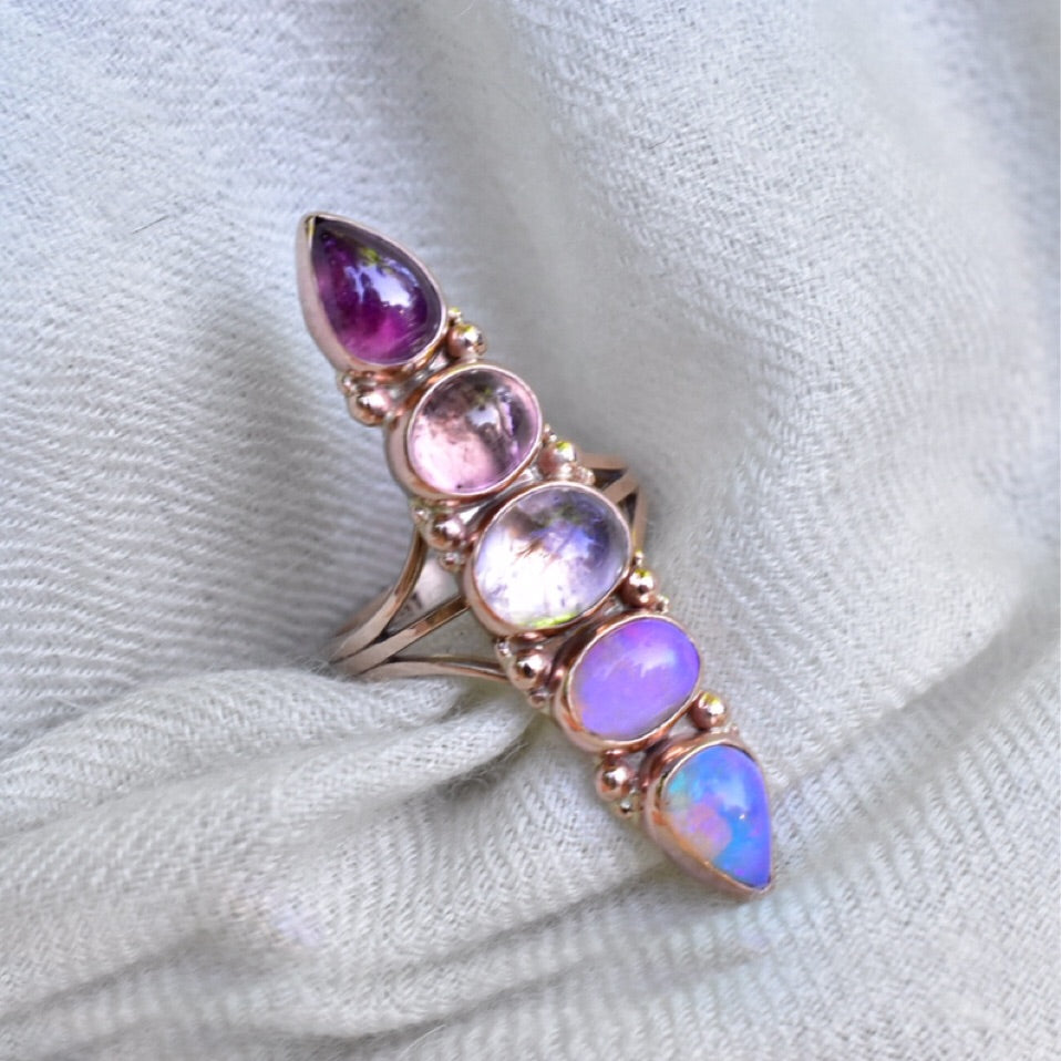 Australian opal unicorn ring with morganite . Pink tourmaline and rubilite in solid 14k rose gold with rose gold dots semi custom reserved - Angel Alchemy Jewelry