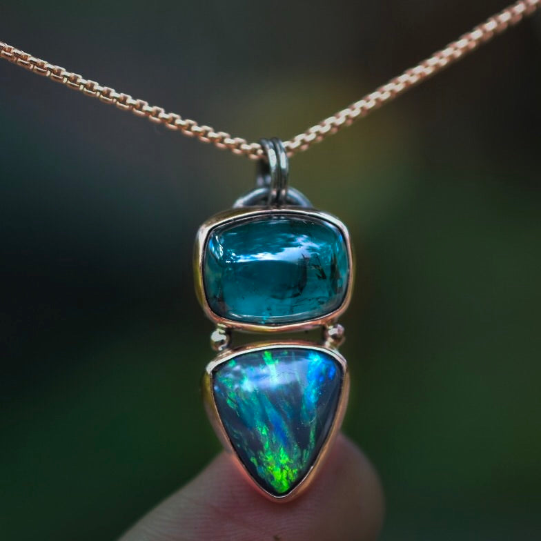 Lightning Ridge Opal Pendant with Tourmaline with Rose Gold - Angel Alchemy Jewelry