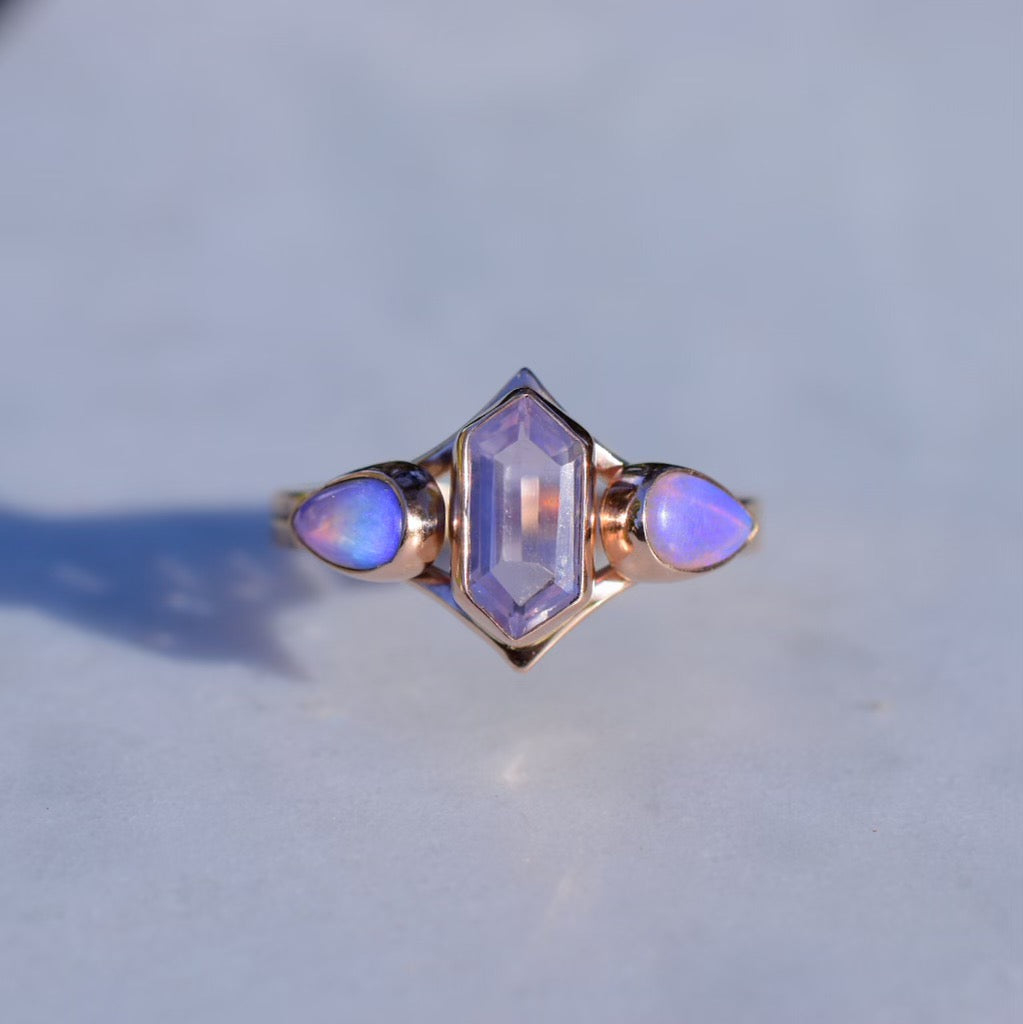 Australian opal and lavender quartz high priestess ring in solid 14k gold - Angel Alchemy Jewelry