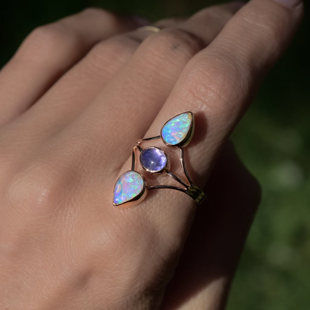 “Australian opals and tanzanite  “Floating” style three stone ring in solid 14k rose gold - Angel Alchemy Jewelry