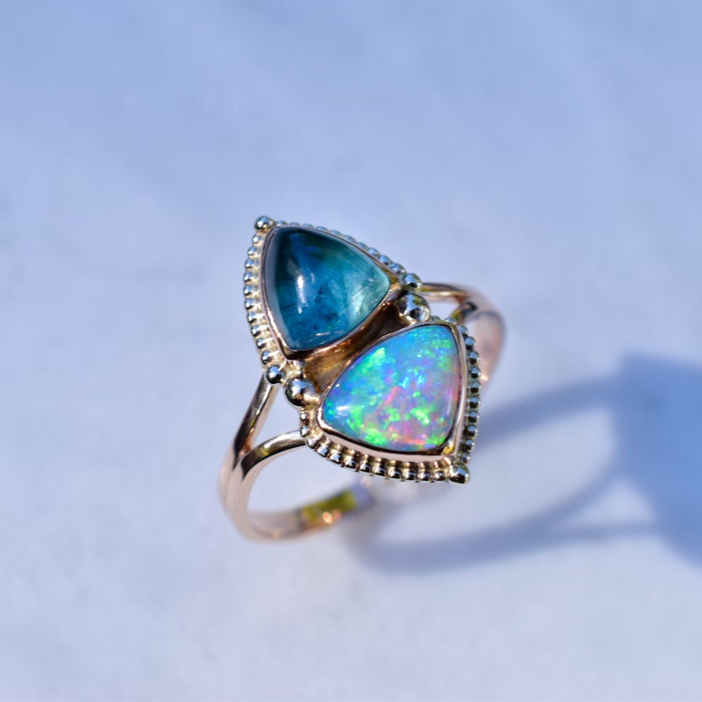 Australian opal and tourmaline Above  so Below talisman ring in solid 14k gold - Angel Alchemy Jewelry
