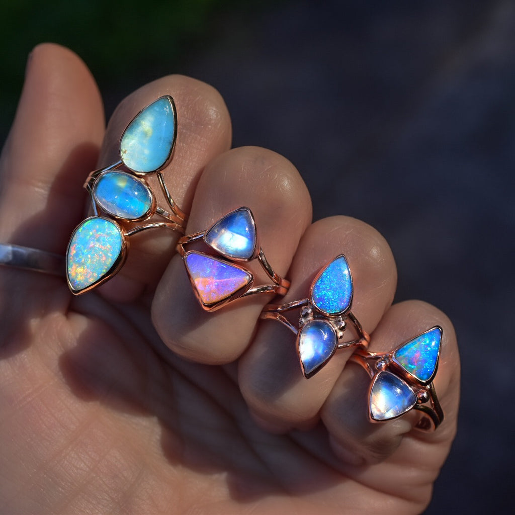 Australian opal and moonstone floating “above as below” in solid 14k rose gold size 8.5 semi custom reserved - Angel Alchemy Jewelry