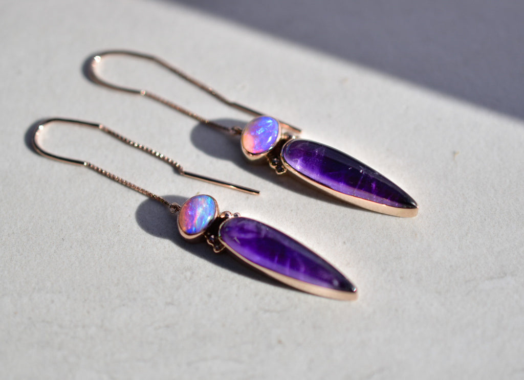 Australian opal and amethyst  threader  earrings - Angel Alchemy Jewelry