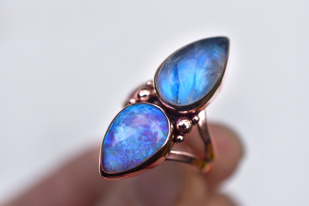 Australian Opal And High grade Moonstone Ring or Pendant I’m solid Rose or yellow gold - Semi custom - Angel Alchemy Jewelry