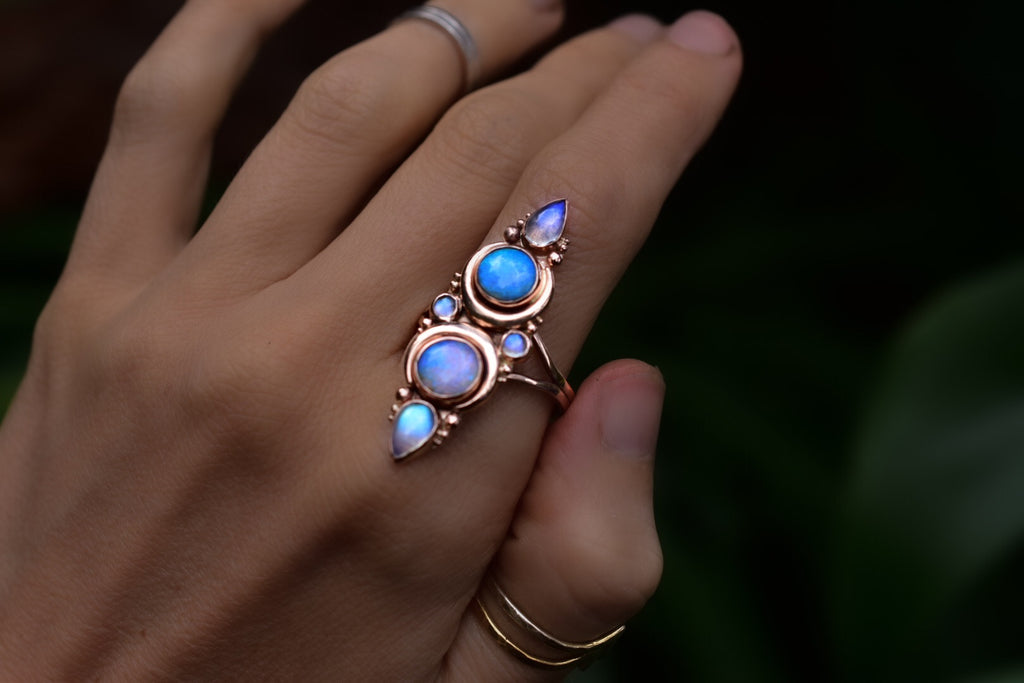 Australian Opal and Star Ruby La Luna Ring with Moonstone in Solid Gold Semi Custom reserved - Angel Alchemy Jewelry