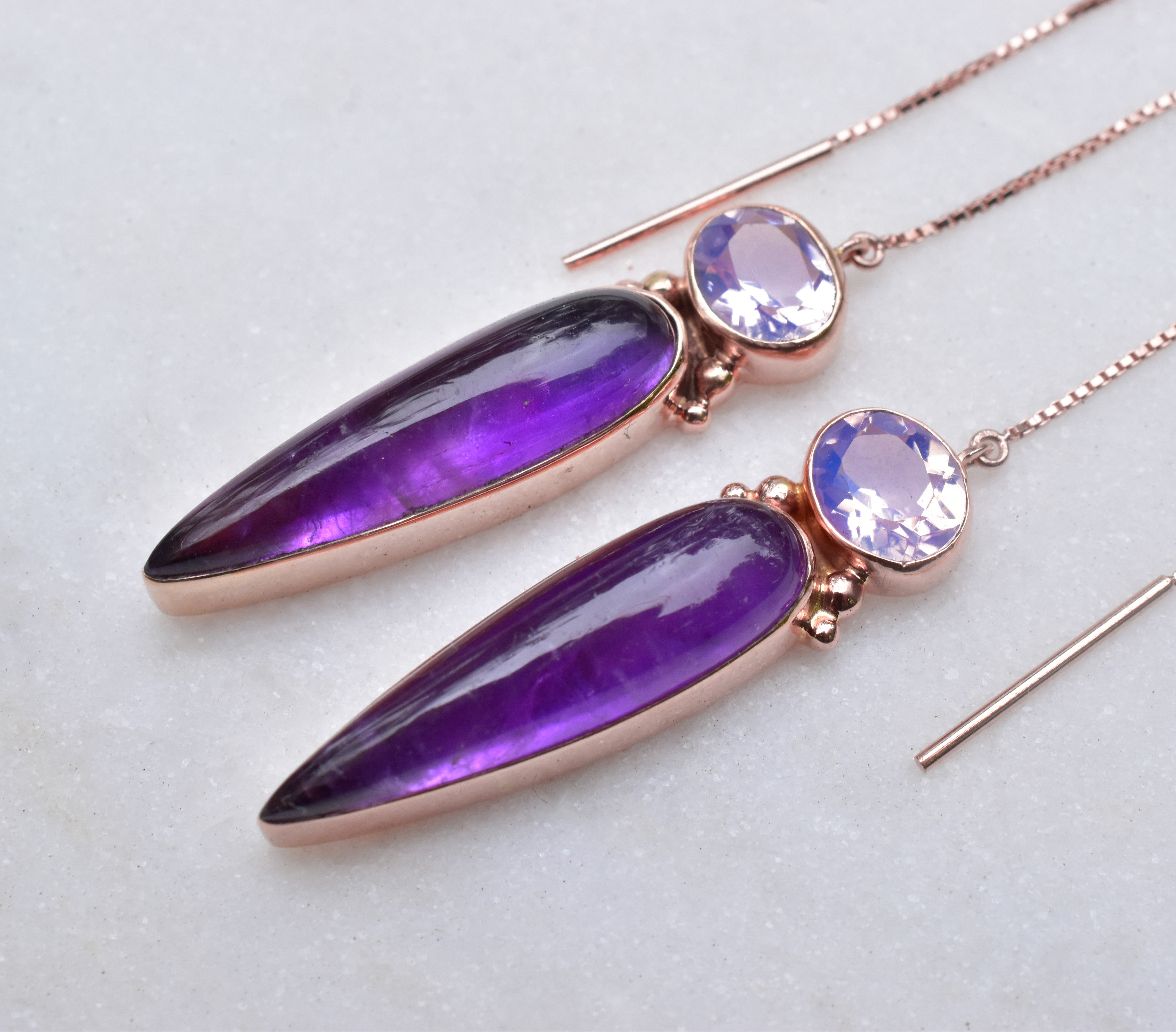 Amethyst and faceted lavender quartz threader earrings in solid 14k rose gold reserved