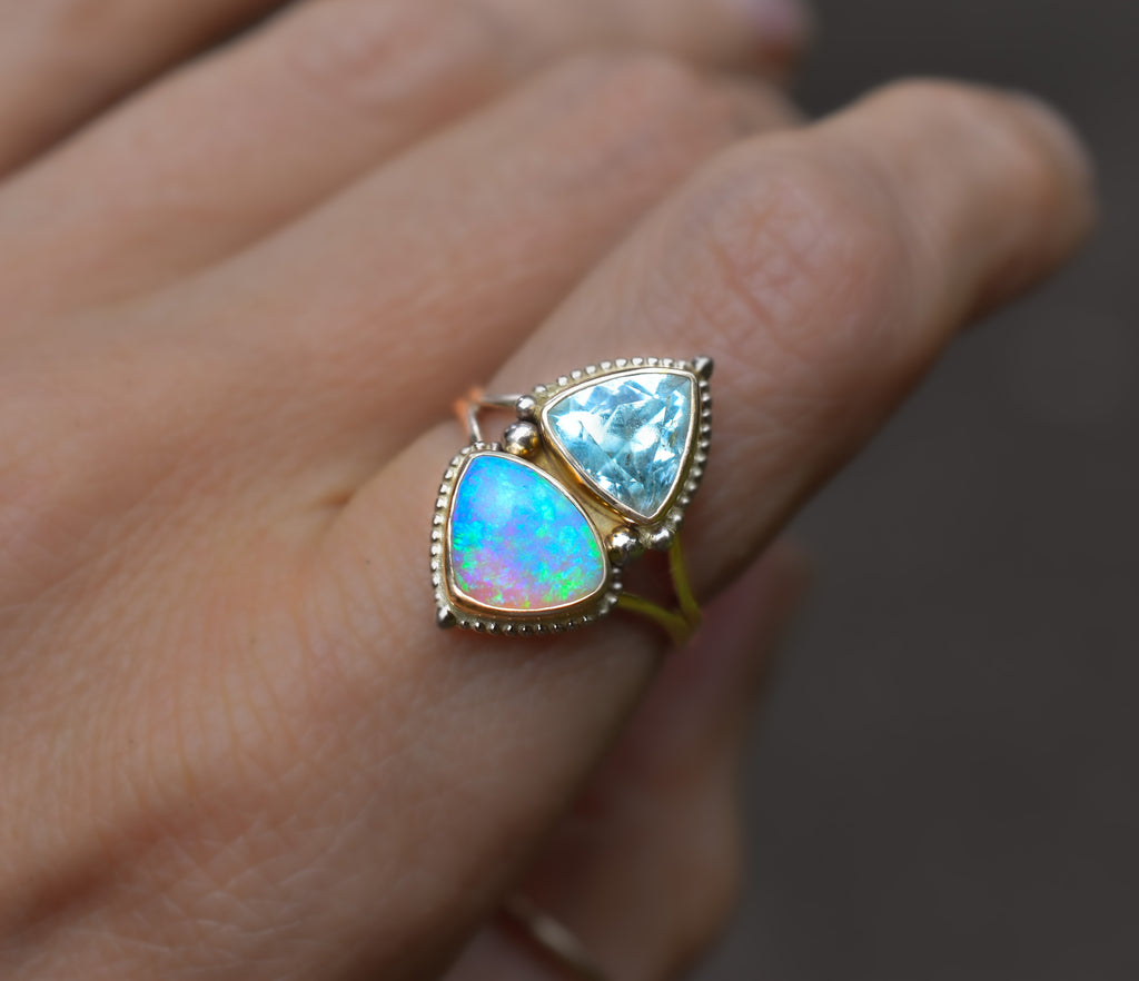 Minty Tourmaline and Opal As Above So Below Ring In 14k yellow and white gold - Angel Alchemy Jewelry