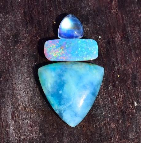 Australian Opal and Peruvian Opal Pendant with Moonstone In Solid Rose or Yellow Gold semi custom - Angel Alchemy Jewelry