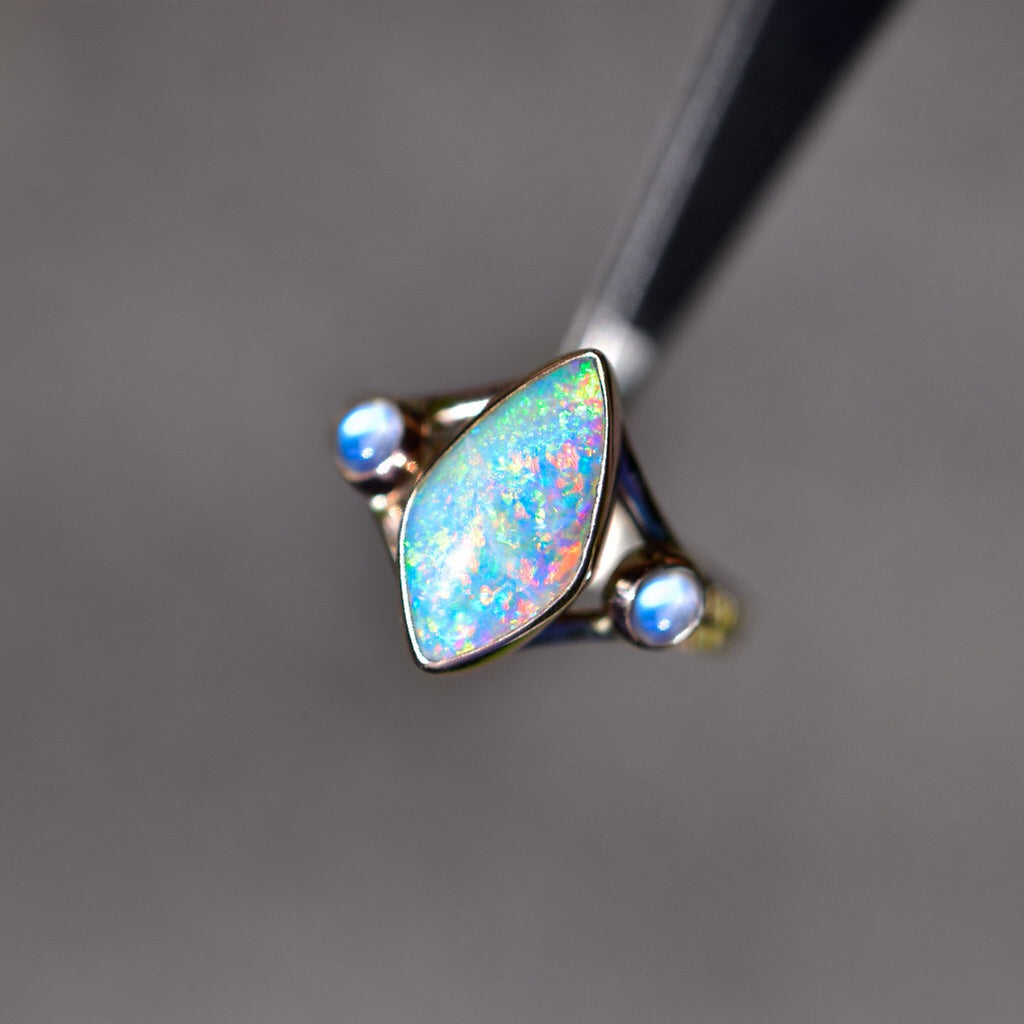 Australian opal and high grade moonstones in solid 14k gold semi custom - Angel Alchemy Jewelry