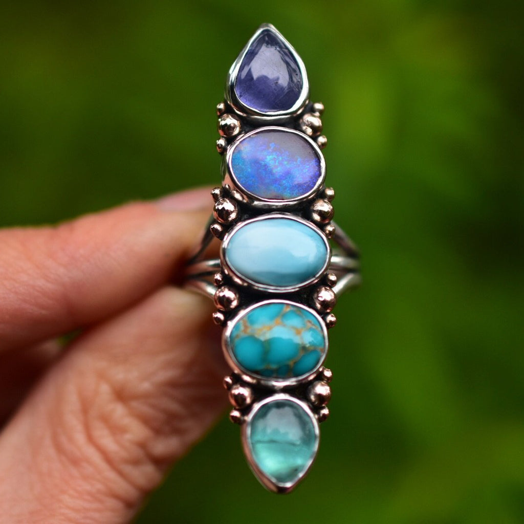 Five Stone Unicorn Ring Featuring Australian Opal and Larimar - Angel Alchemy Jewelry
