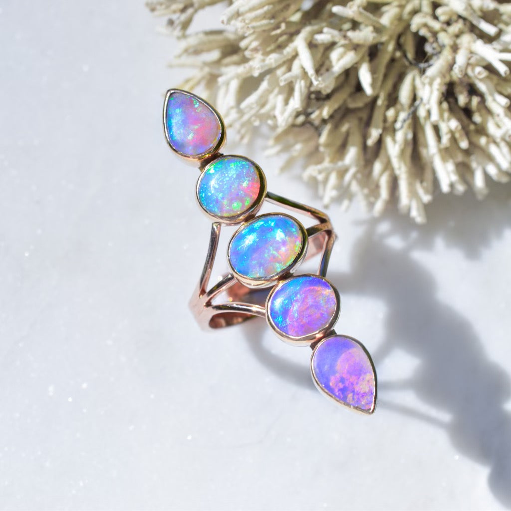 Australian opal “Floating” style Unicorn Talisman ring in solid 14k rose gold - Angel Alchemy Jewelry