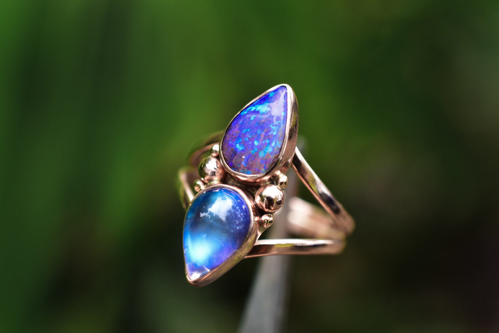 Opal and Moonstone Mini Talisman Ring in Solid Gold Semi Custom - Angel Alchemy Jewelry