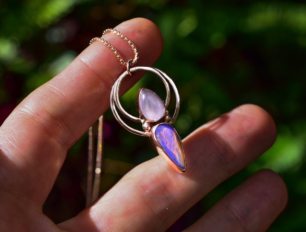 Australian Opal and Kunzite Talisman Pendant In Rose Gold - Angel Alchemy Jewelry