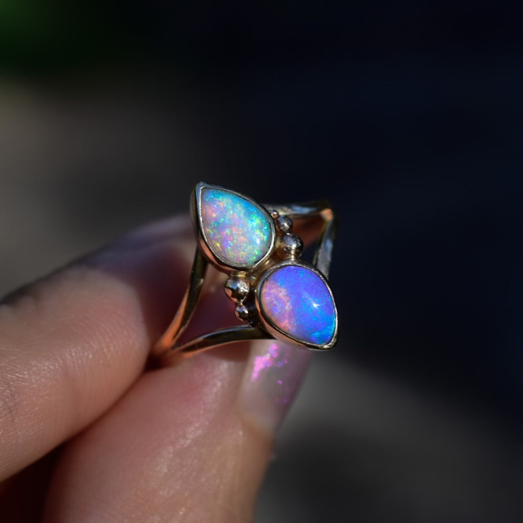 Australian opal two stone ring in solid 14k yellow gold - Angel Alchemy Jewelry