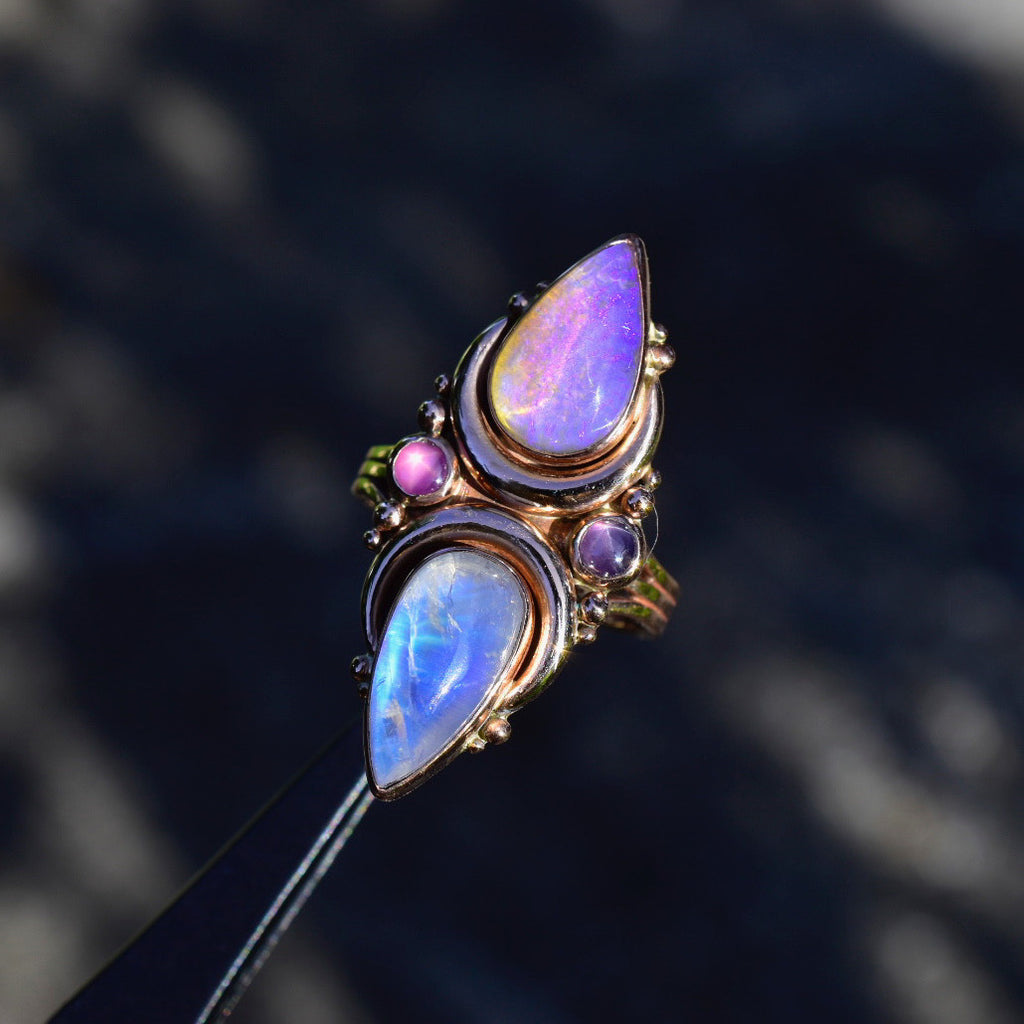 Australian opal and moonstone La Luna ring  in solid 14k rose gold with star Rubies - Angel Alchemy Jewelry