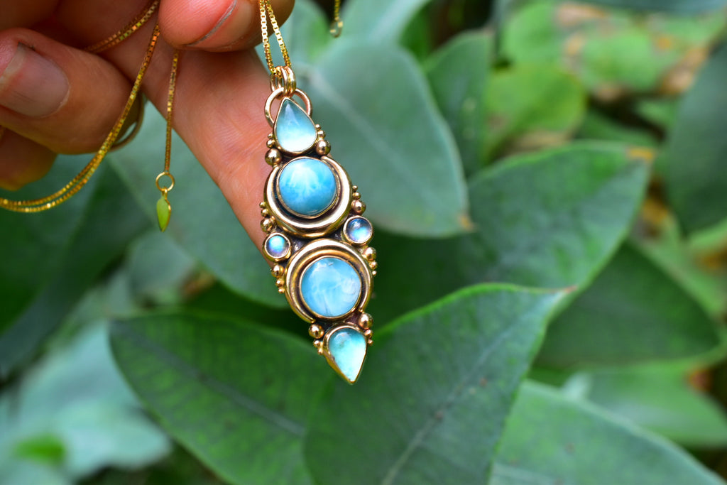 Larimar and Peruvian Blue Opal La Luna with Moonstone Necklace in Yellow Gold reserved - Angel Alchemy Jewelry