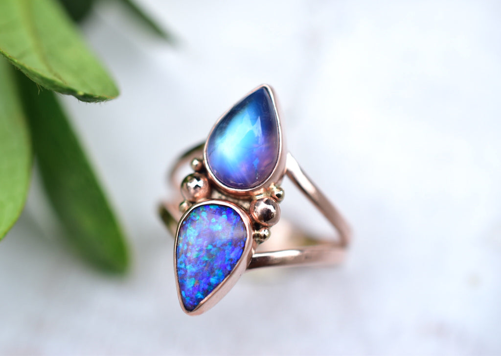Australian Opal And Moonstone Ring in Rose gold 4.5 reserved - Angel Alchemy Jewelry