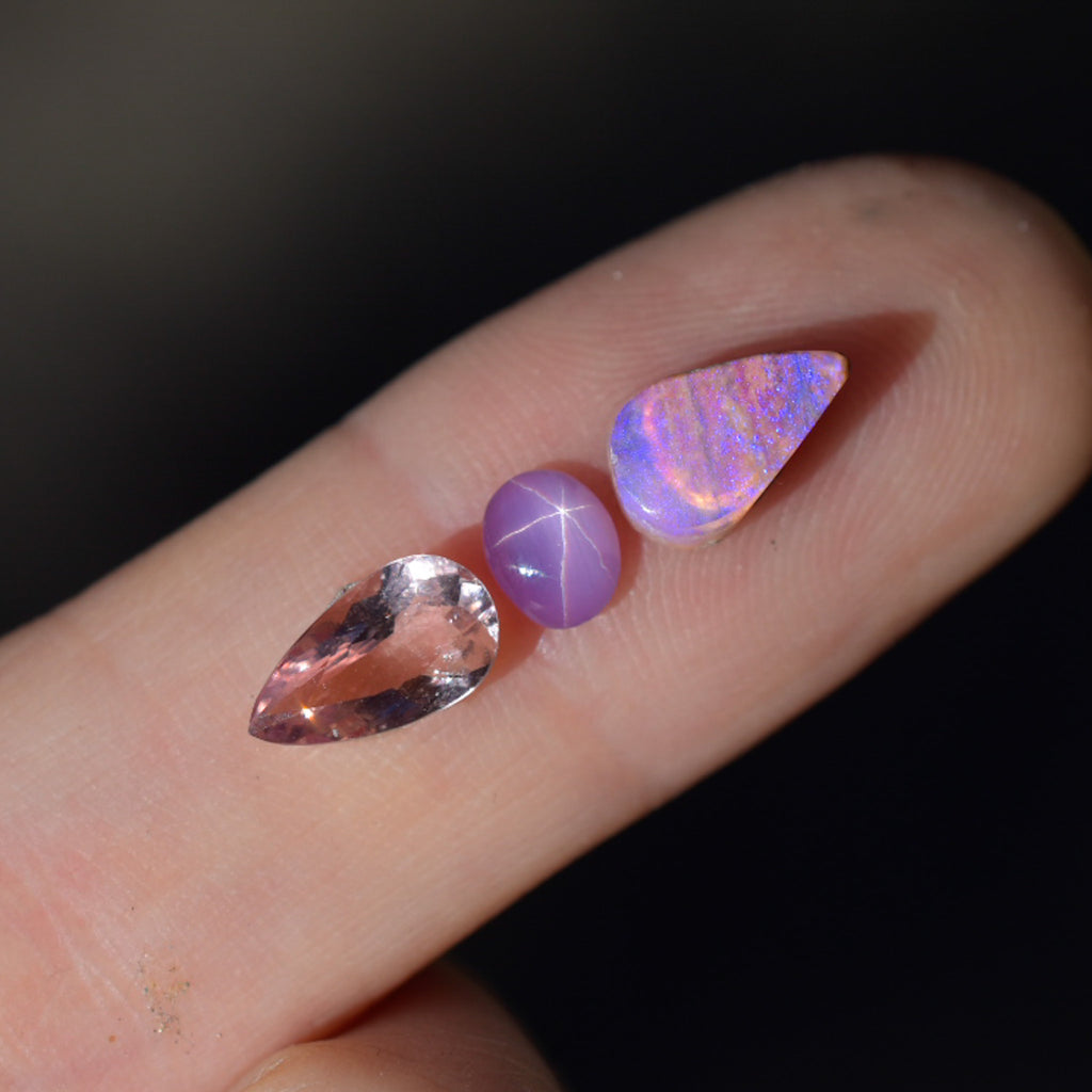Australian opal , morganite and star ruby ring or pendent in solid 14k gold with gold dots ( ring can be without dots ) semi custom - Angel Alchemy Jewelry