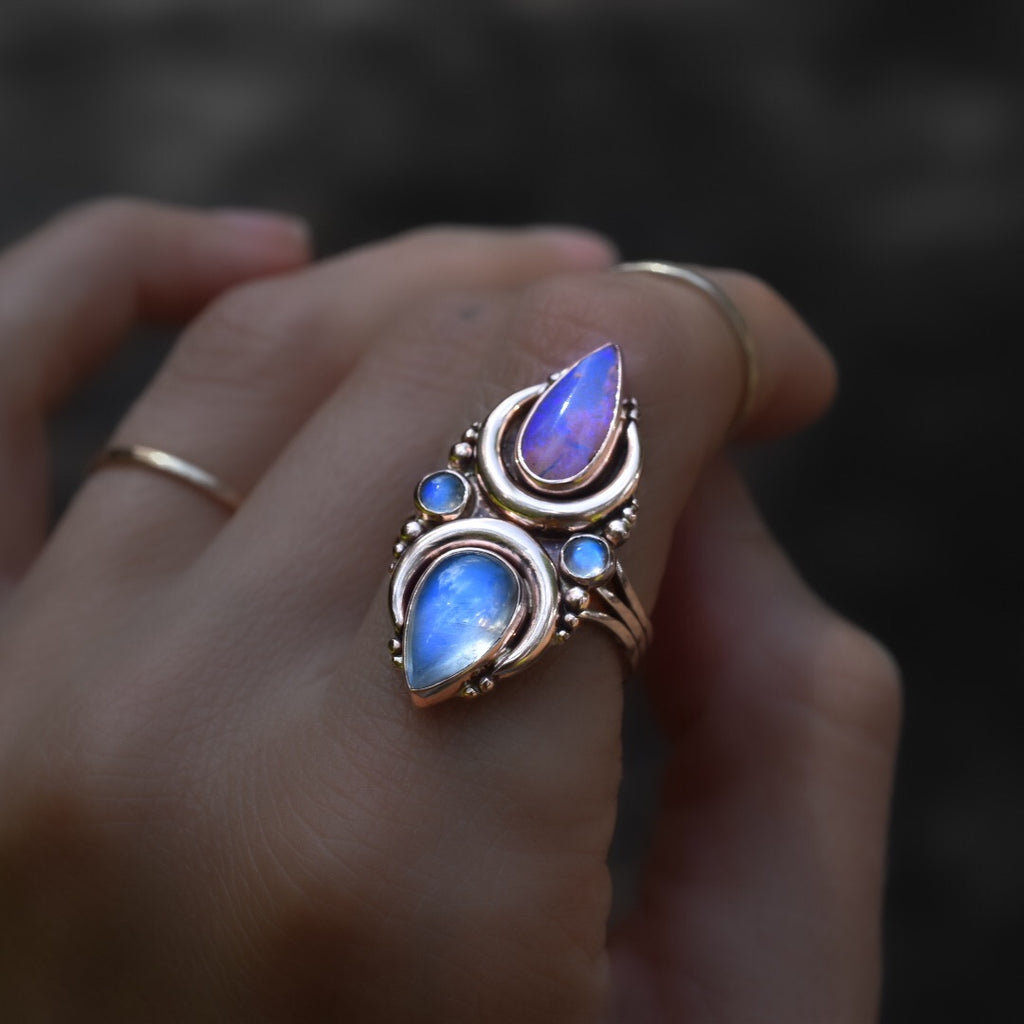 Australian opal and moonstone La Luna ring in solid 14k rose gold with rose gold dots semi custom - Angel Alchemy Jewelry
