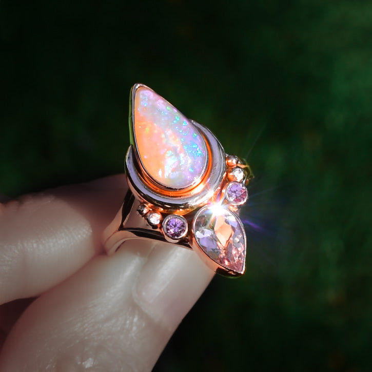 Australian opal , morganite and pink sapphire Moonflower ring in solid 14k rose gold reserved - Angel Alchemy Jewelry