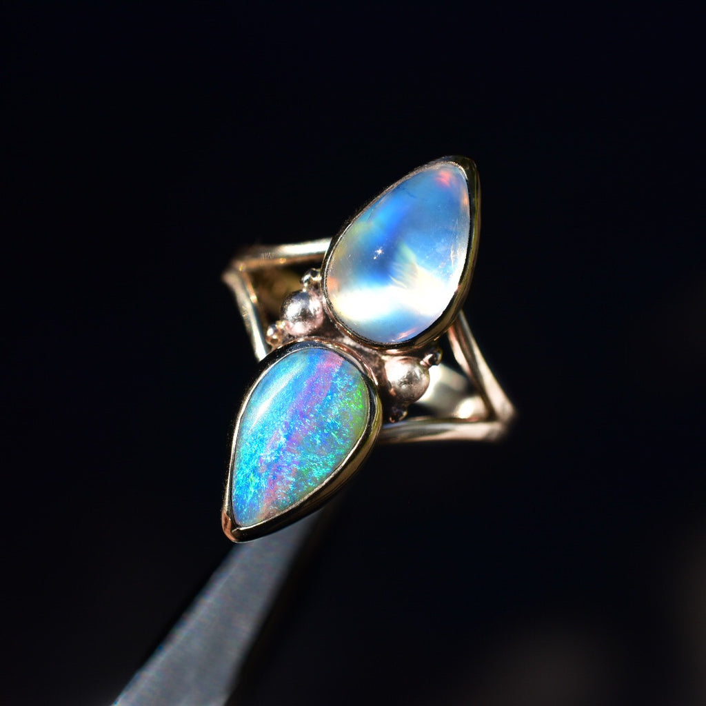 Australian Opal and high grade Moonstone ring in solid 14k gold with gold dots - Angel Alchemy Jewelry