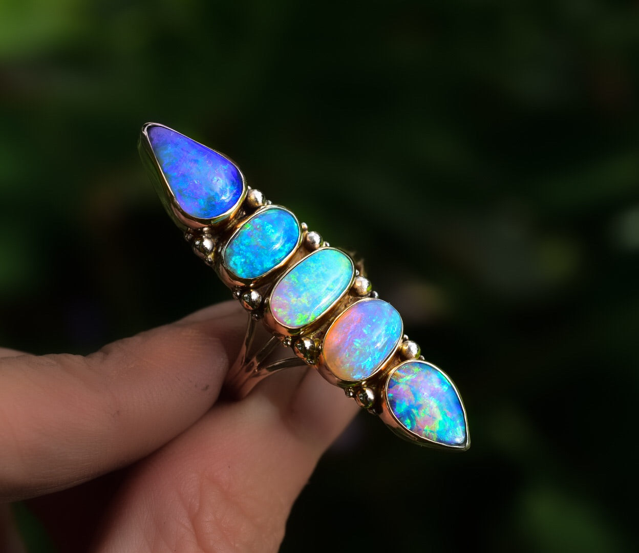 5 stone Australian opal unicorn ring in solid 14k gold with gold dots reserved