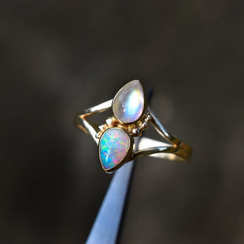 Australian Opal and Rainbow Moonstone Talisman Ring In Solid yellow 14k gold - Angel Alchemy Jewelry