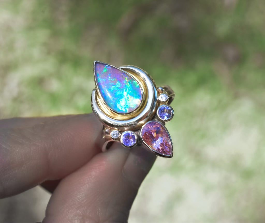 Australian opal , tourmaline, sapphire and small diamond Statement “ Moonflower “ ring in solid 14k yellow gold - Angel Alchemy Jewelry