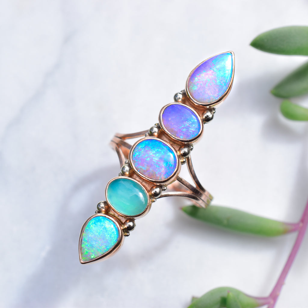 Australian and Peruvian opal Unicorn talisman ring in solid 14k rose gold with white gold dots - Angel Alchemy Jewelry