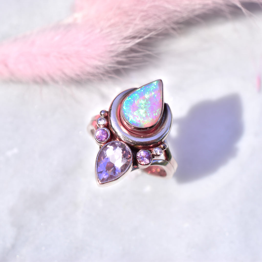 Australian opal, morganite with pink and white sapphire “Moonflower “ ring in solid 14k rose gold - Angel Alchemy Jewelry
