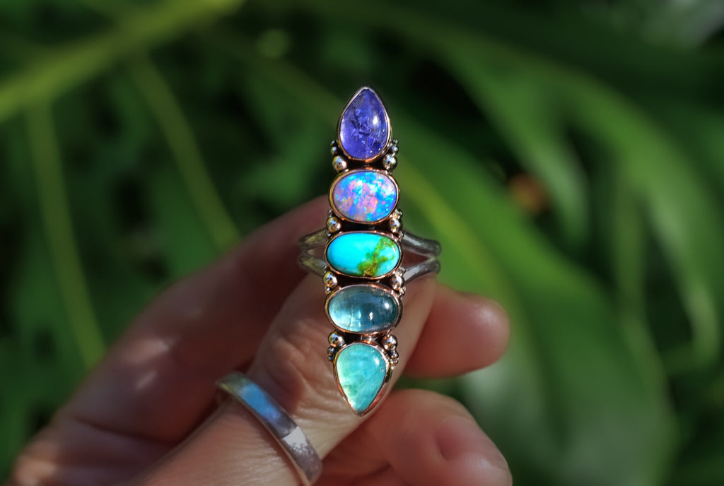Reserved deposit -Semi Custom Australian and Peruvian Opal Ring with Turquoise, Tanzanite and Apatite, Silver with Gold Details - Angel Alchemy Jewelry