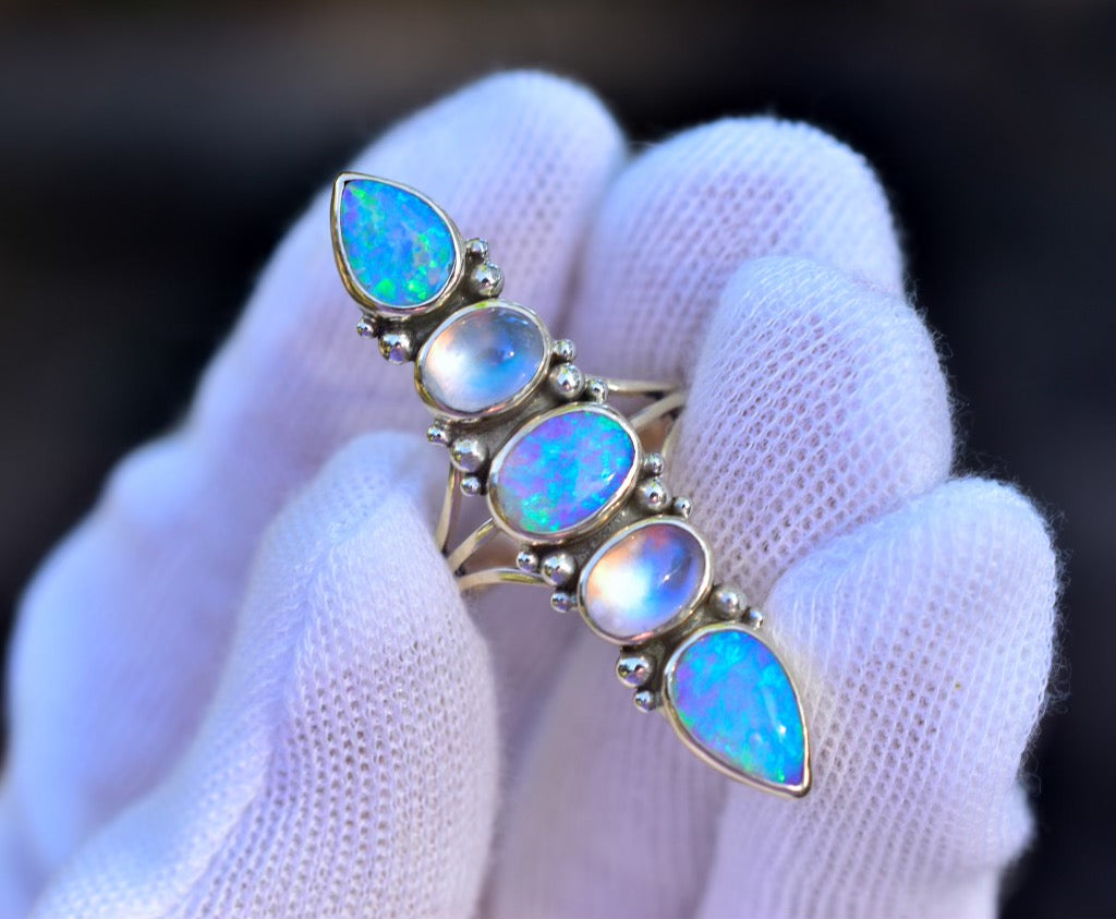 Australian opal and moonstone unicorn talisman ring in solid 14k yellow gold with white gold dots - Angel Alchemy Jewelry