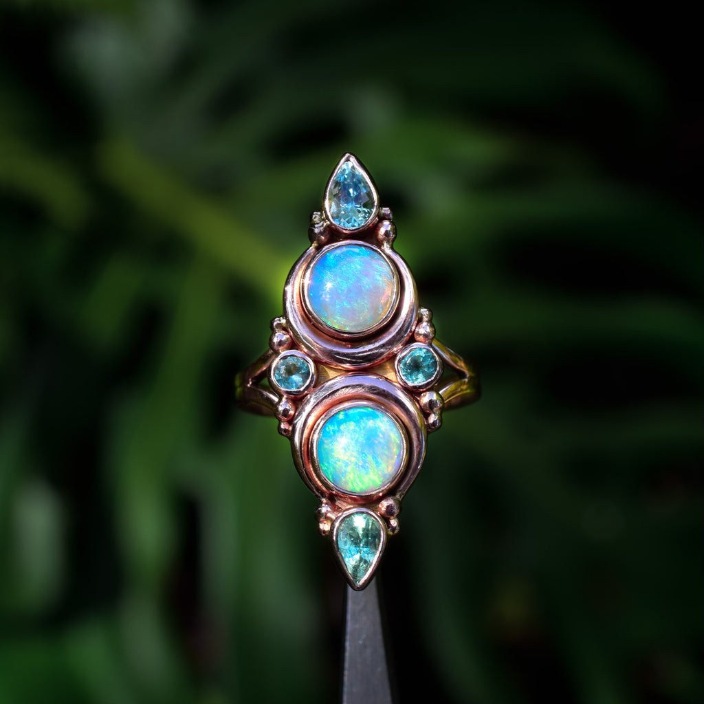 Australian opal , minty tourmaline, emerald La Luna Grande ring in solid 14k gold reserved - Angel Alchemy Jewelry