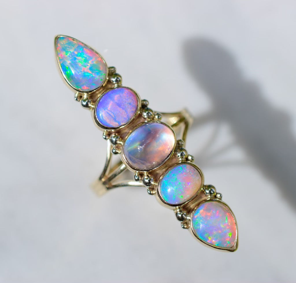 Australian opals and high grade moonstone Unicorn talisman ring in solid 14k gold semi custom reserved - Angel Alchemy Jewelry