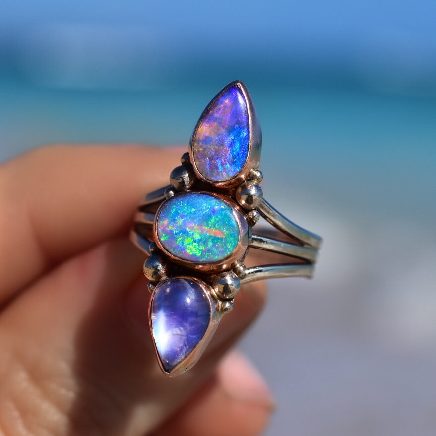 Australian Opal Ring With Moonstone in Rose Gold reserved 2 - Angel Alchemy Jewelry
