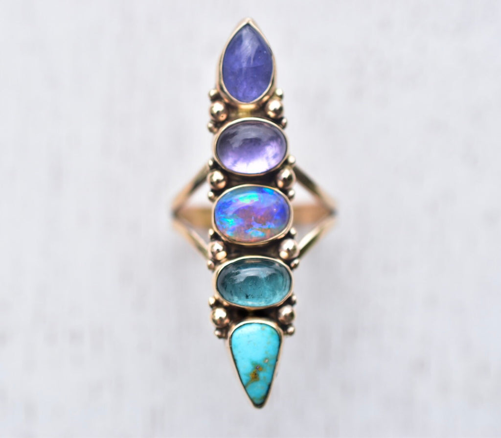 Australian Opal Unicorn Ring with Peruvian Opal, Tanzanite, and Turquoise  in solid 14k yellow or Rose Gold Semi Custom.  White gold dots are an option semi custom reserved - Angel Alchemy Je