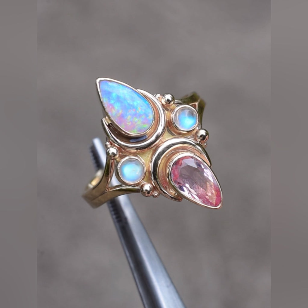 Australian opal, faceted pink tourmaline and moonstone Mini La Luna ring in solid 14k yellow gold - Angel Alchemy Jewelry